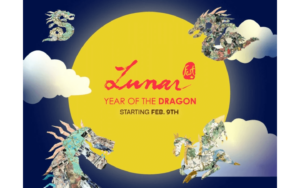 A poster of a yellow moon and dragon collages promoting the Year of the Dragon