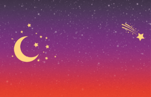 A graphic image of moon and stars in the sky against a background that starts as purple at the top and blends into orange at the bottom.